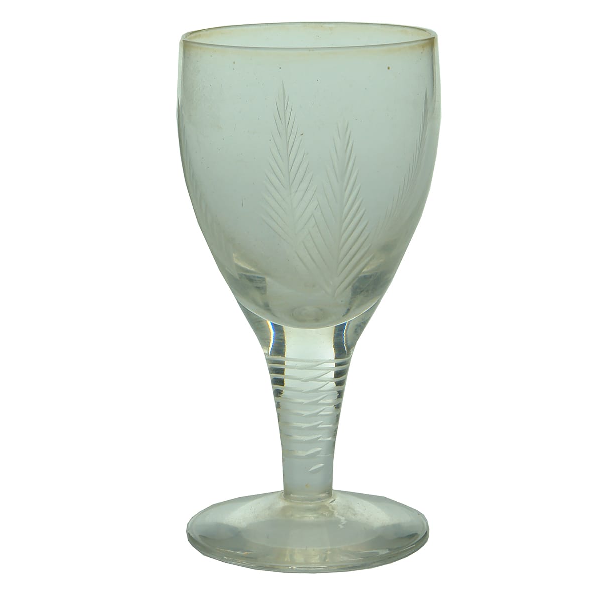 Glass. Early glass with stem and fern leaf design etched to bowl.