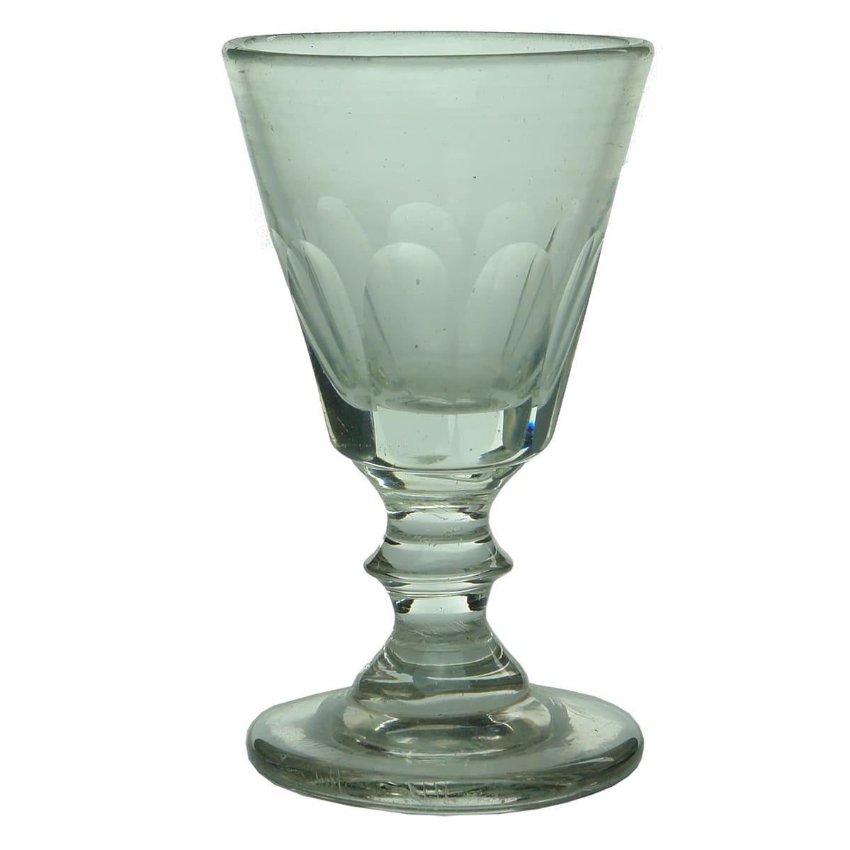 Glass. Facetted trumpet bowl Georgian glass with single knop stem and polished pontil.