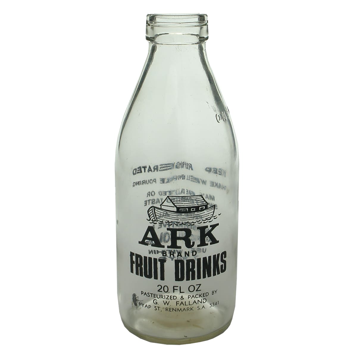Milk. Well maybe Fruit Juice. ARK Brand Fruit Drinks. Falland, Renmark. Foil top milk shape. 1 Pint. (South Australia)
