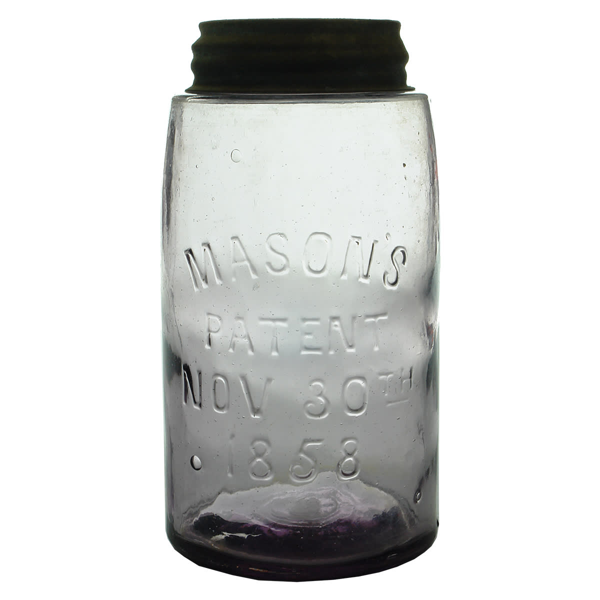 Fruit Jar. Mason's Patent 1858. Sun coloured amethyst. Quart. (Australia)