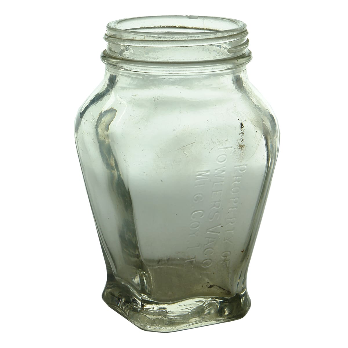 Jar. Fowlers Vacola. Fancy shape. Screw top. Clear.