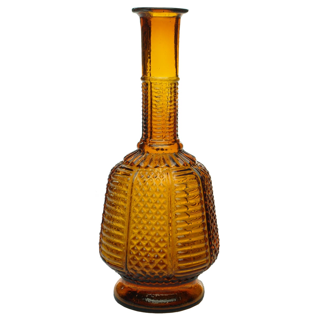 Table Sauce or similar. Alternating Diamond Point & Bars to eight sides. Bars up the neck. Smooth base. Orange Amber.