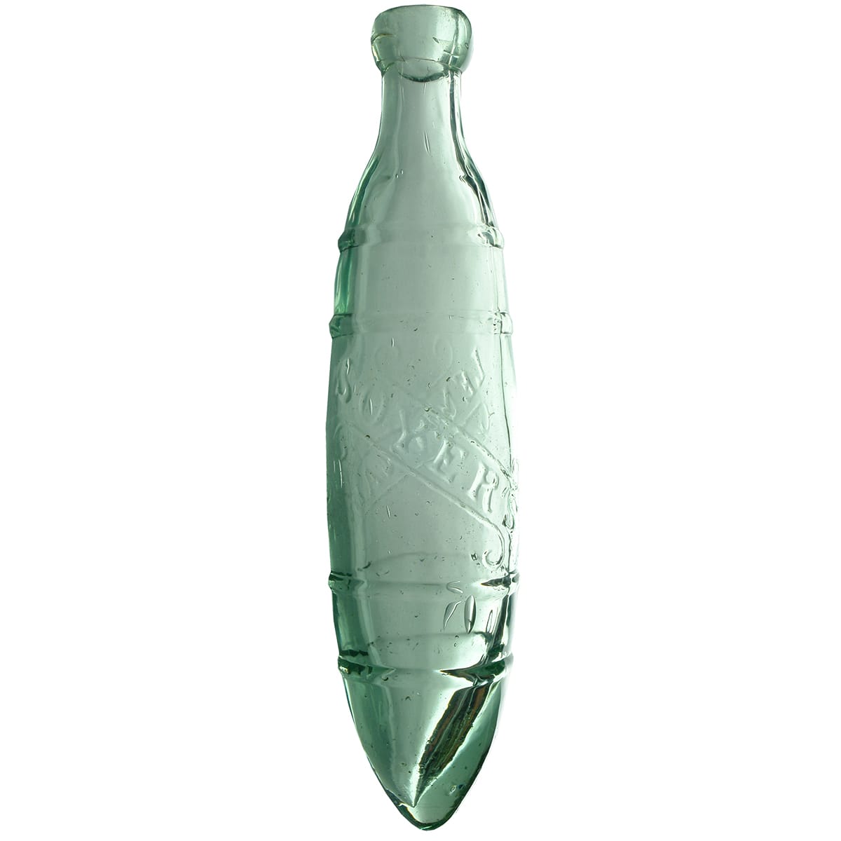 Torpedo. Soyer's Lemonade. Thin, banded design. Aqua. 10 oz. (United Kingdom)