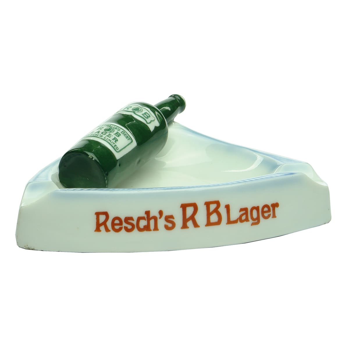 Advertising Ash Tray. Resch's RB Lager, Resch's DA Dinner Ale, Resch's Bitter Ale. (RARE Green Print to bottle label) (New South Wales)