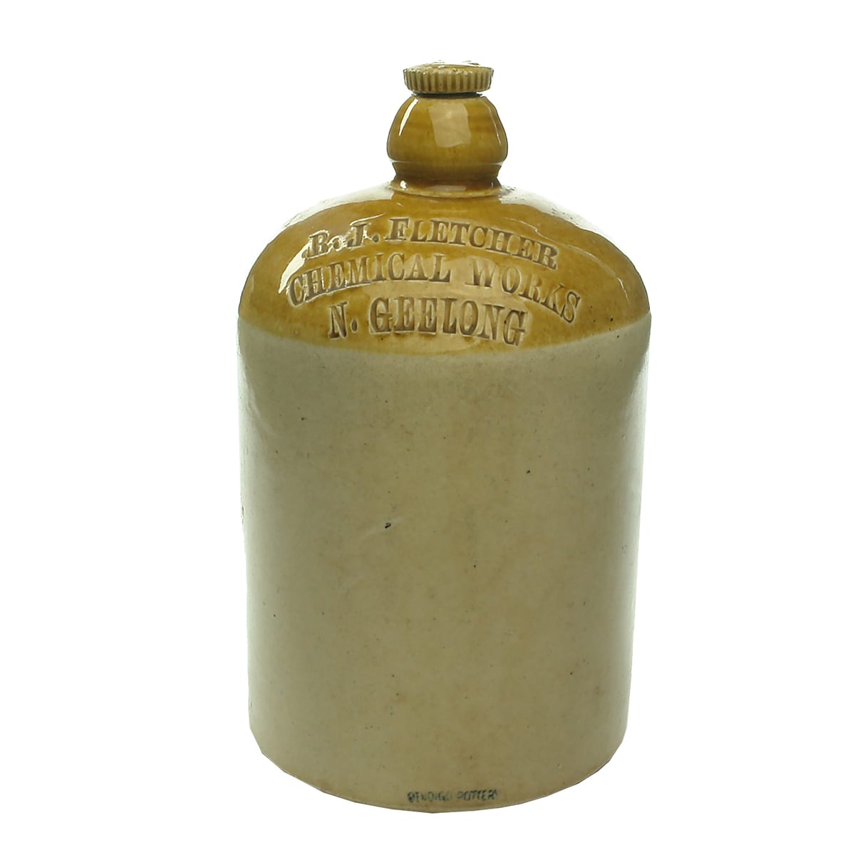 Demijohn. R. J. Fletcher, Chemical Works, N. Geelong. Internal Thread. Half Gallon. With stopper. (Victoria)