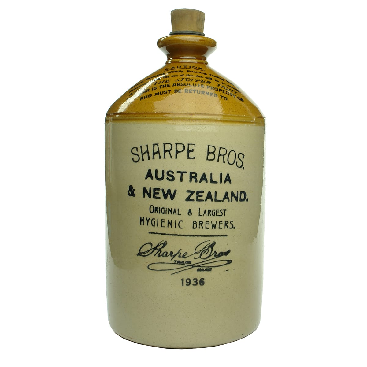 Demijohn. Sharpe Bros Australia & New Zealand. Pearson Pottery. Dated 1936.