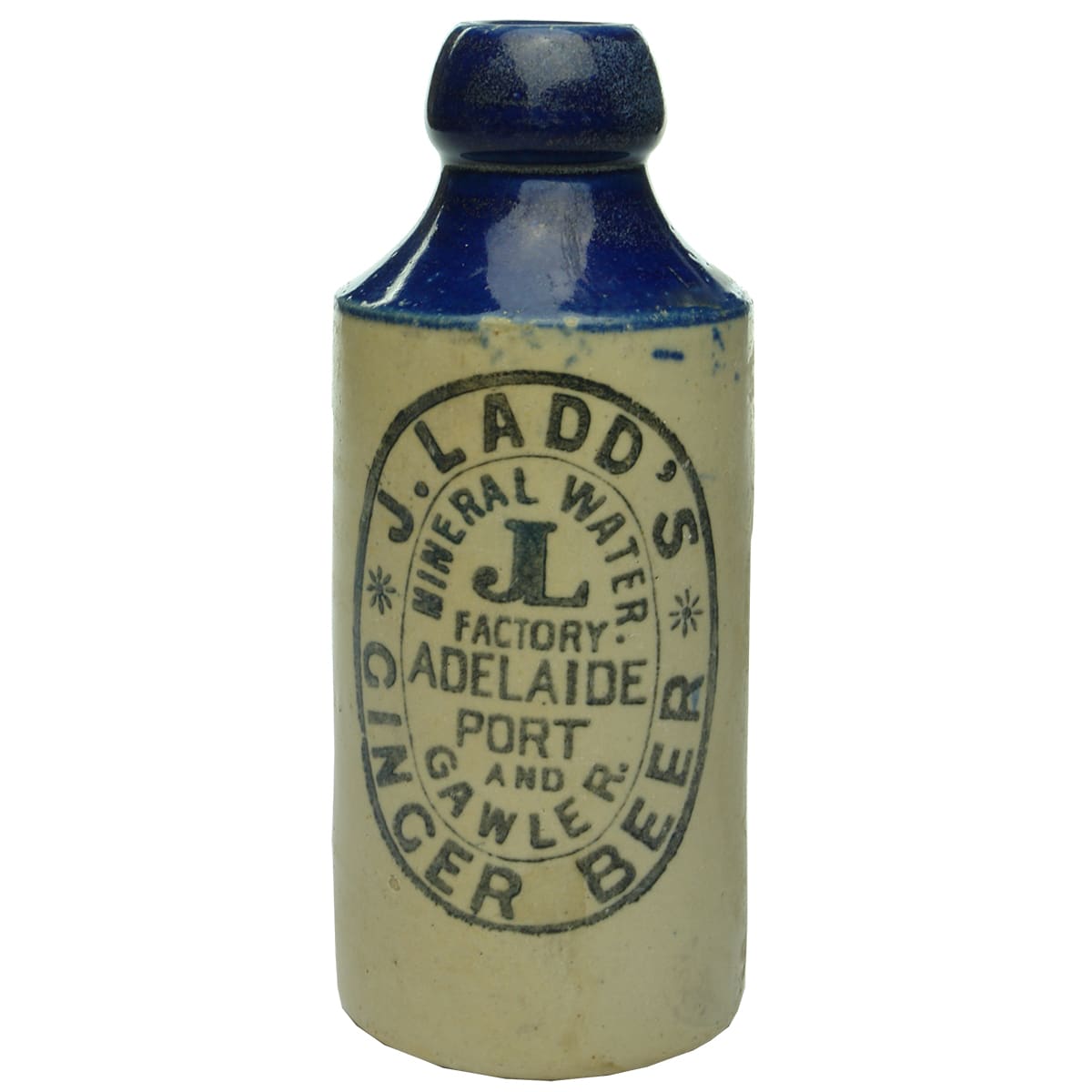 Ginger Beer. J. Ladd's, Adelaide, Port and Gawler. Cork stopper. Blue Top. Fowler. 10 oz. (South Australia)