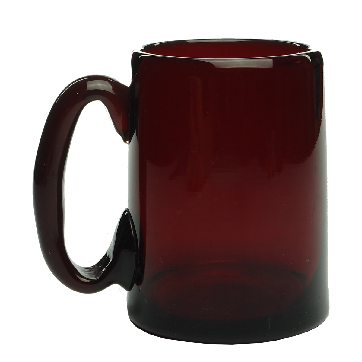 Glassware. Victorian Ruby Red Glass Ale Mug with Applied Handle and Polished Pontil.