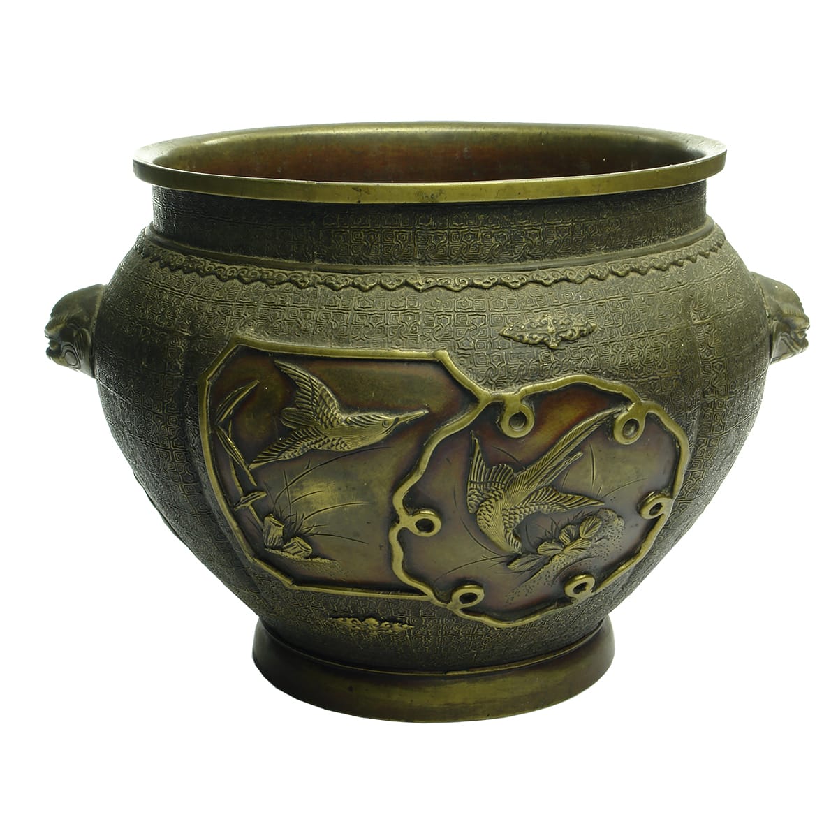 Chinese. Antique Oriental Bronze Planter with Foo Dogs, Birds and Foliage.