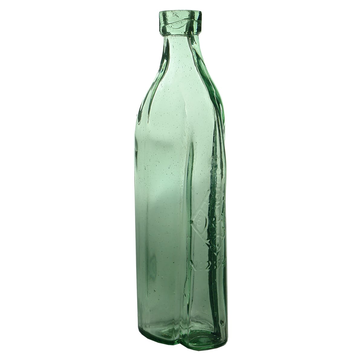 Goldfields. Registered bottle with convex side that a thin bottle would slot into.  Aqua.