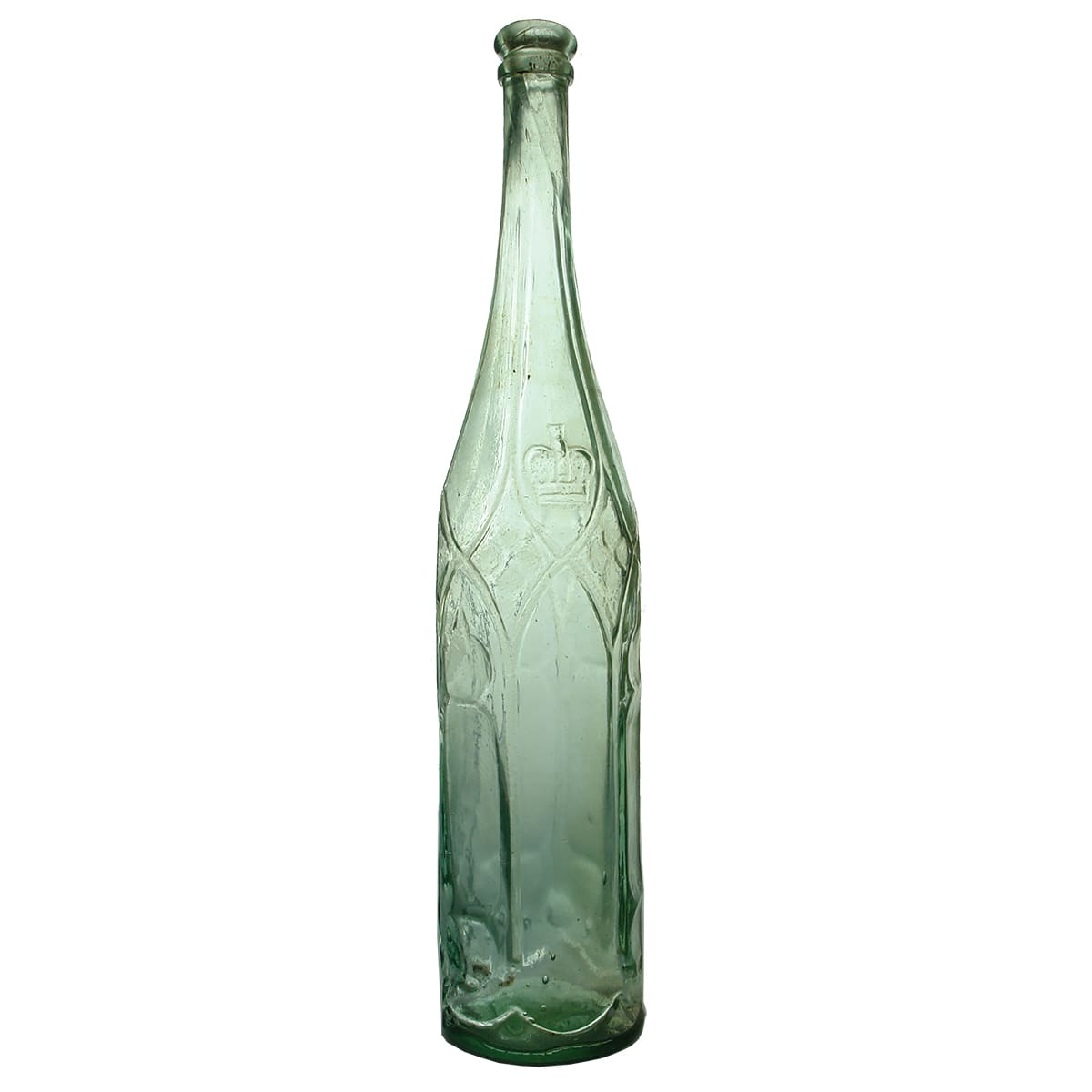 Goldfields Salad Oil. Batty's Crown. Fancy Shape. British Registration Diamond to base. Aqua. 26 oz.