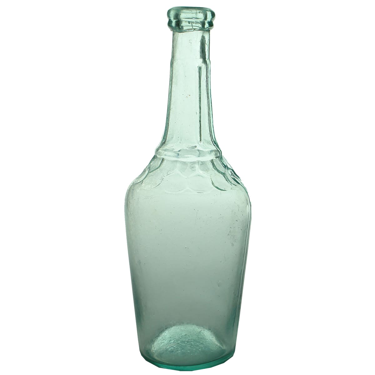 Vinegar. Ornate jug shaped bottle with petalled shoulder. Aqua. 26 oz.