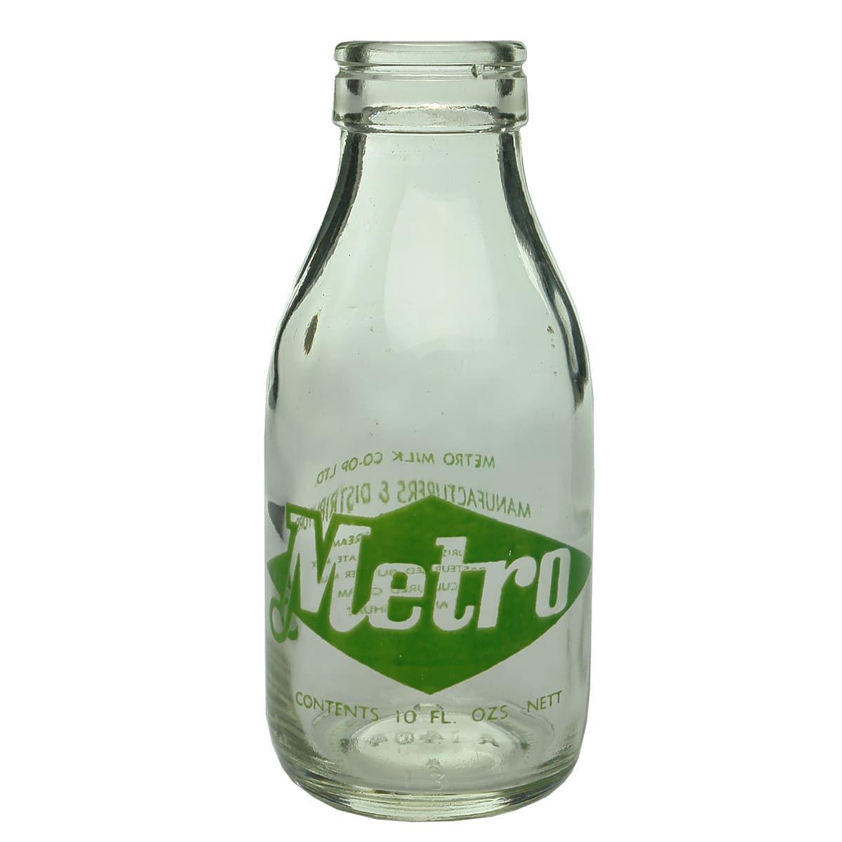 Milk. Metro Milk Co-Op Ltd. Foil top. Ceramic label. Green print. 10 oz. (South Australia)