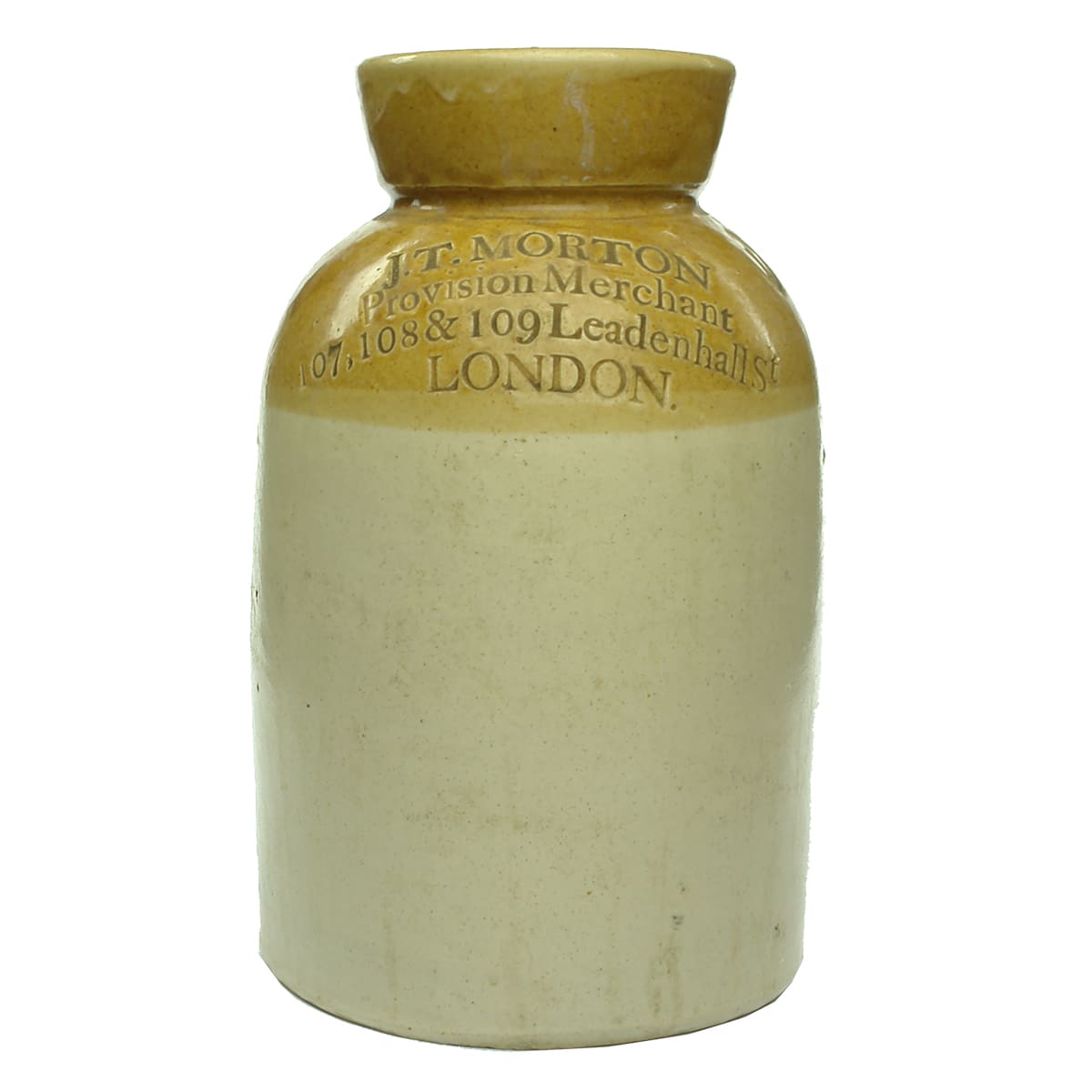 Stoneware Jar. J. T. Morton, Provision Merchant, London. Impressed. Half Gallon.