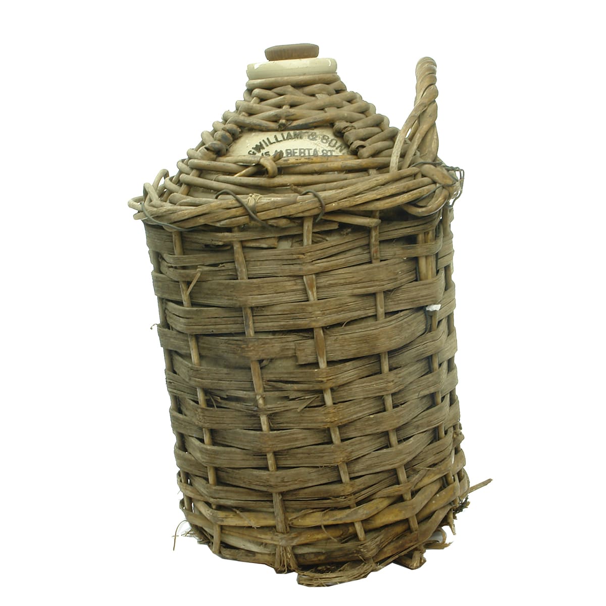 Demijohn. McWilliam & Sons, Alberta St., Sydney. All White. Wicker Basket. One Gallon. (New South Wales)