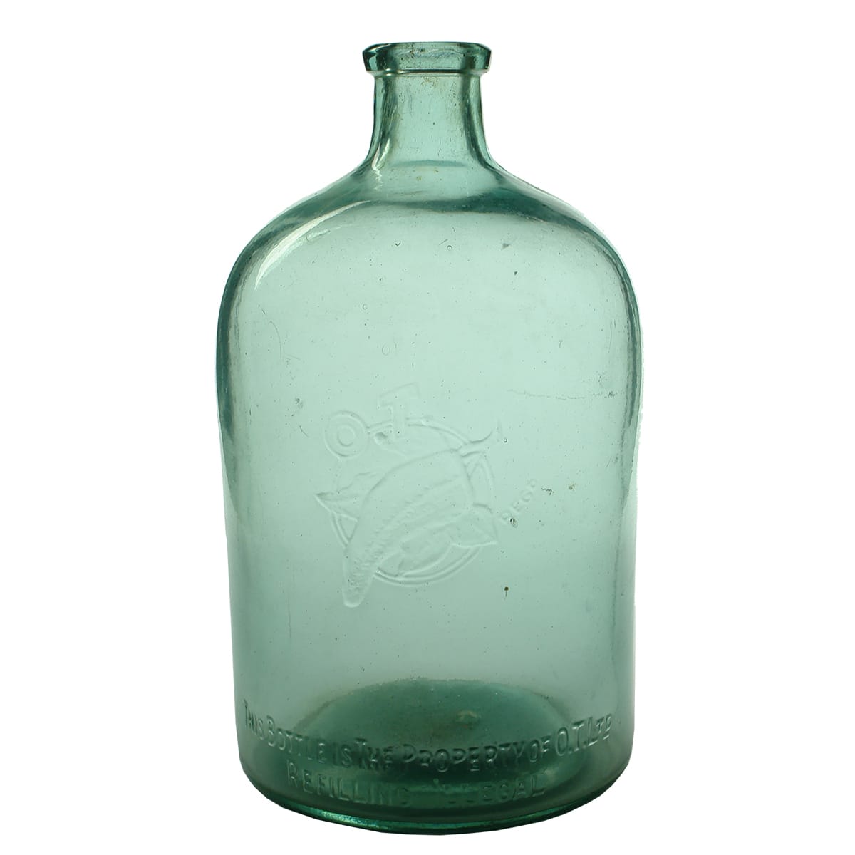 Glass Demijohn. Cordial. OT Limited. Aqua. One Gallon. (Victoria)