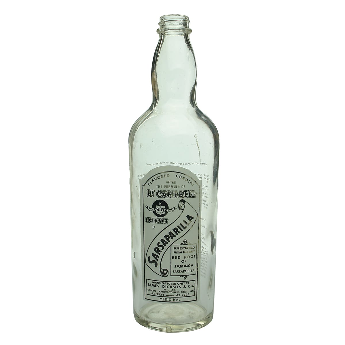 Cordial. James Dickson Dr Campbell Extract of Sarsaparilla. Ceramic Label. 26 oz. (Victoria)