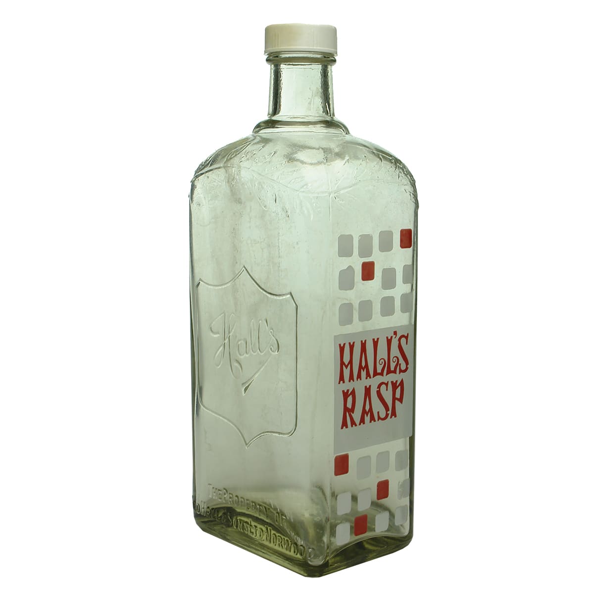 Cordial. Hall's Norwood. Rectangle Bottle with Ceramic Label. Clear. 26 oz (South Australia)