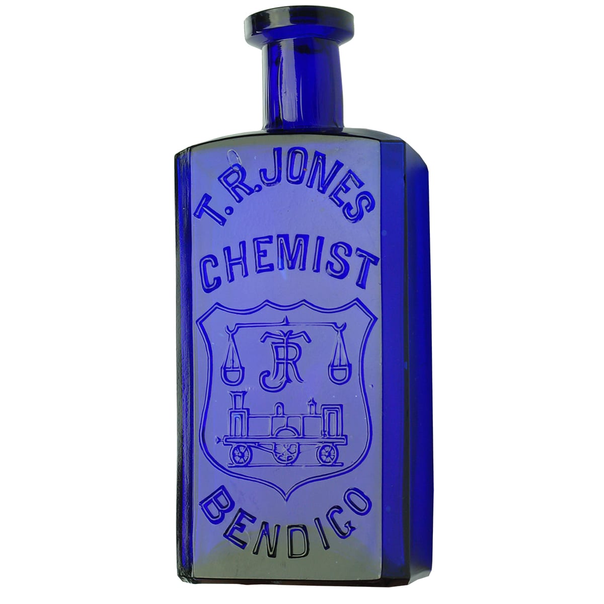 Chemist. T. R. Jones, Bendigo. Scales & Train. Cobalt Blue. 8 oz. Melbourne made variety. (Victoria)