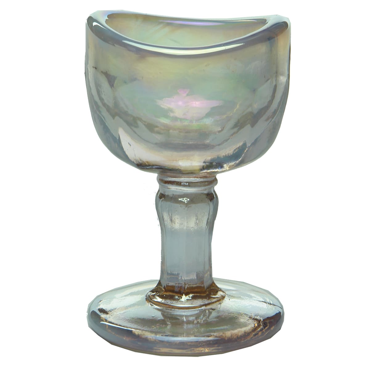 Eye Bath. Pale Pink Carnival Glass. Pedestal. Facetted Bowl. No markings.