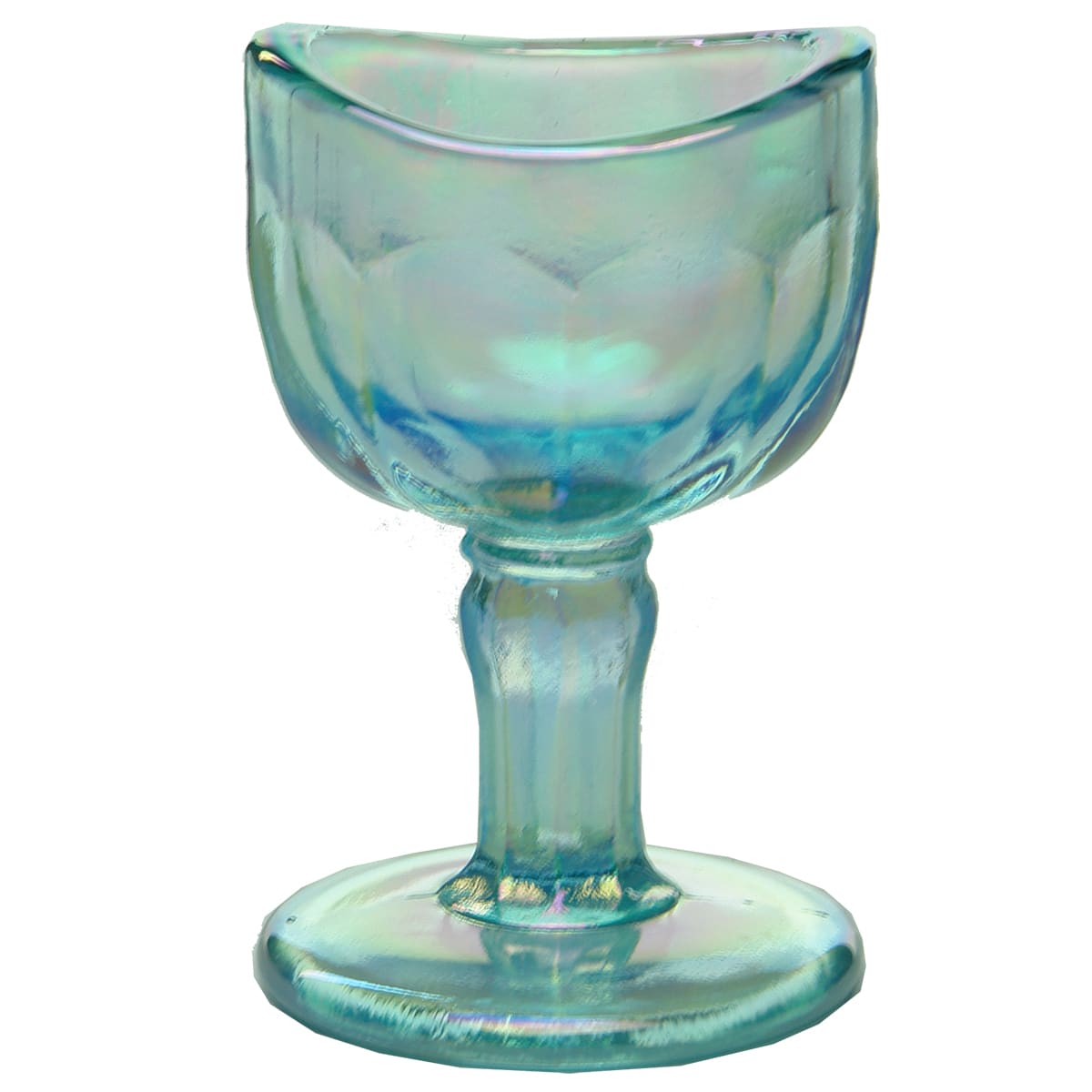 Eye Bath. Pale Blue Carnival Glass. Pedestal. Facetted Bowl. No markings.