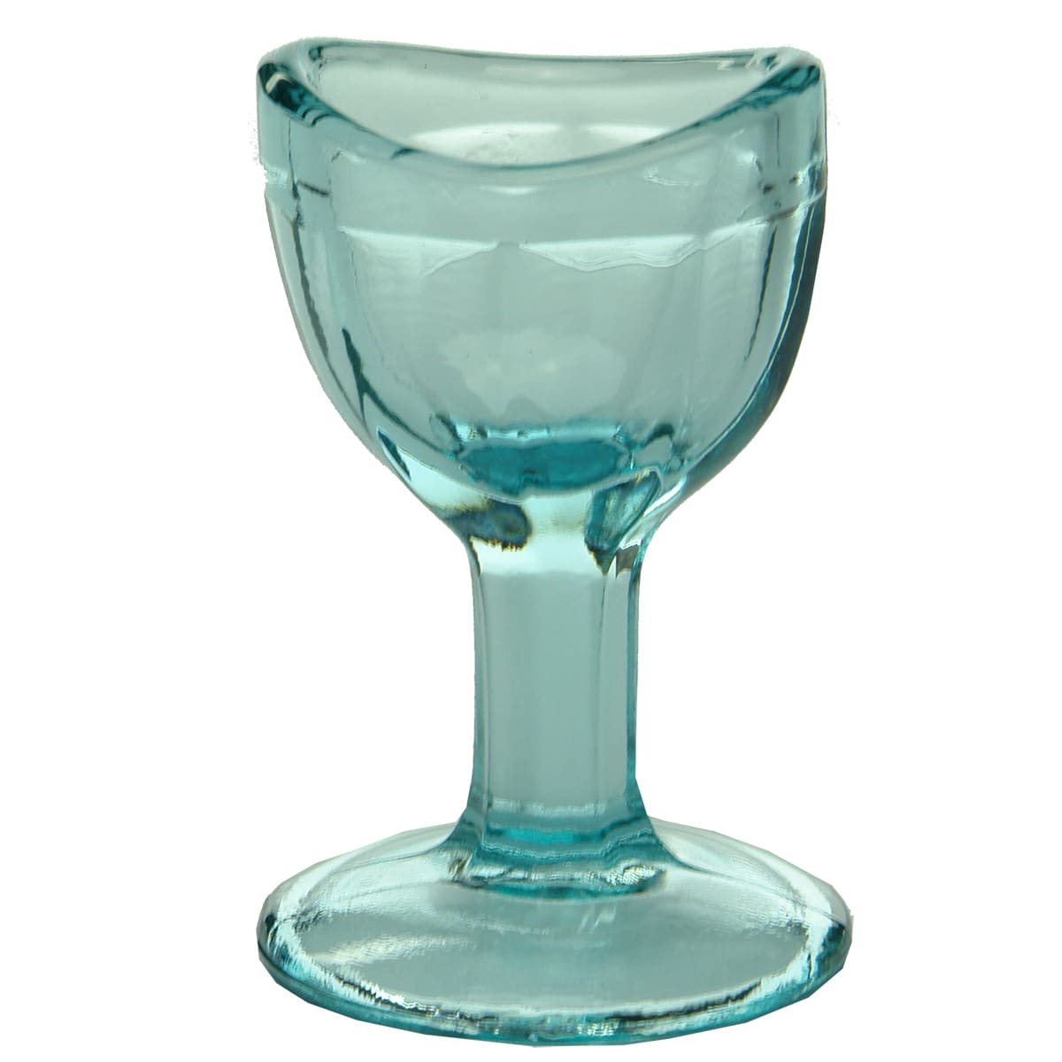 Eye Bath. Turquoise Glass. Pedestal. Facetted Bowl. B in Triangle to base.