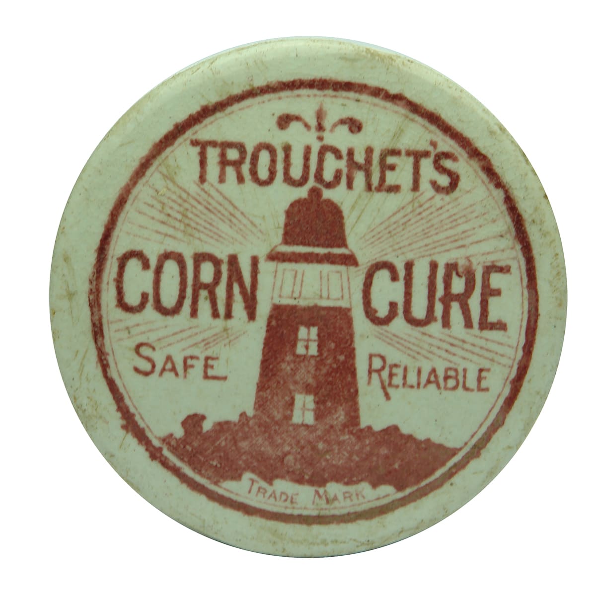 Pot Lid. Trouchet's Corn Cure. Red & White. (Western Australia)