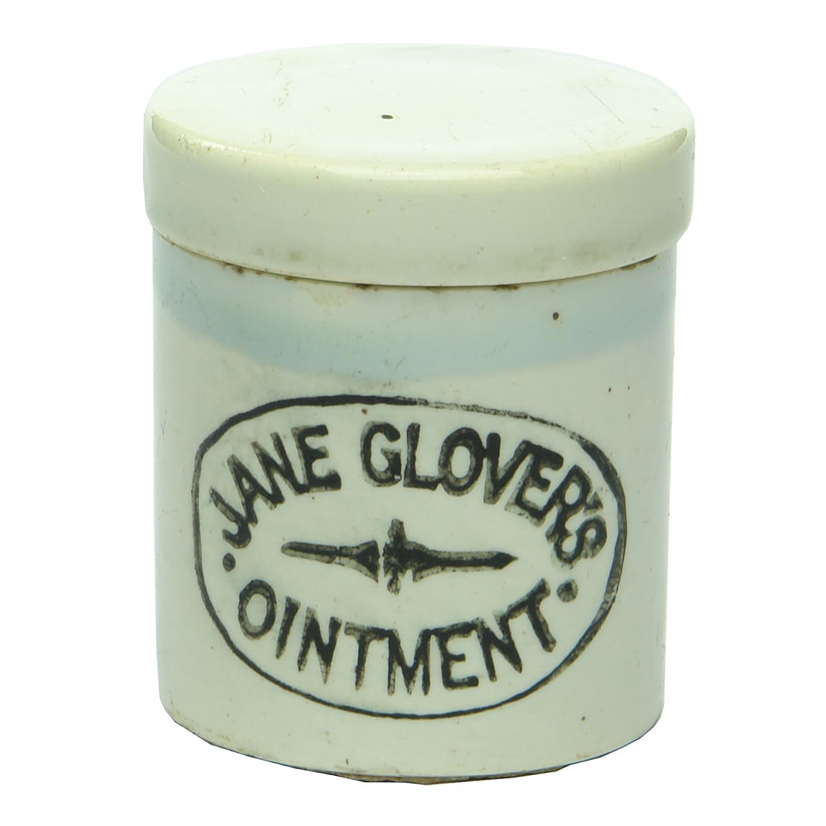 Ointment Pot. Jane Glover's Ointment. Black on White. (Sale, Victoria)