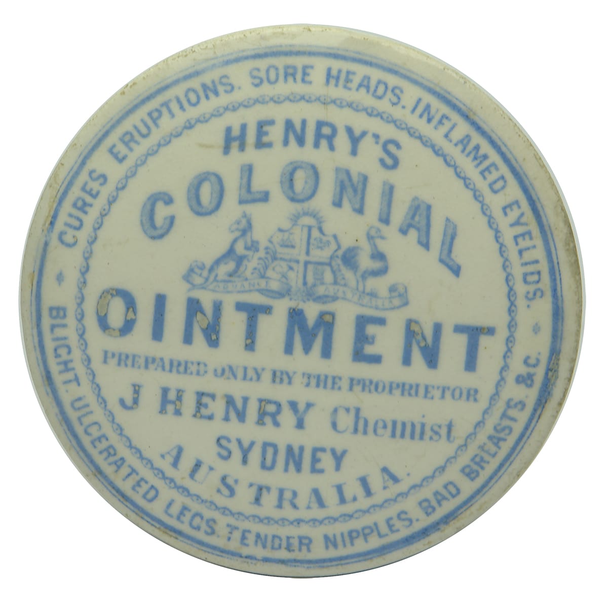 Pot Lid. Henry's Colonial Ointment, Sydney. Blue on White. (New South Wales)