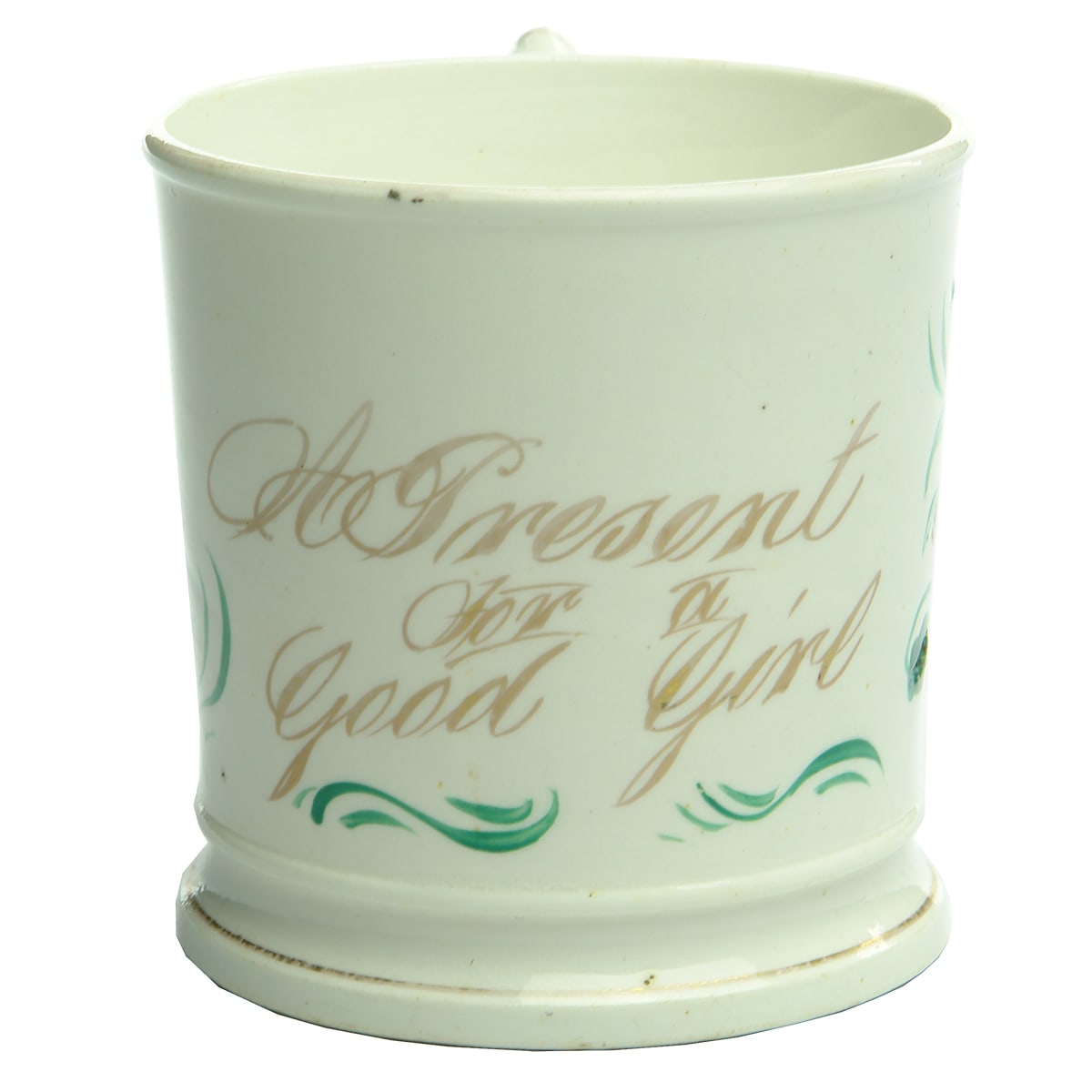 Pottery. Victorian Child's Mug: A Present For A Good Girl.