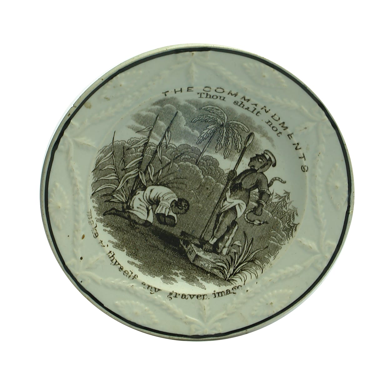 Pottery. Victorian Child's Black Monochrome Plate: The Commandments.