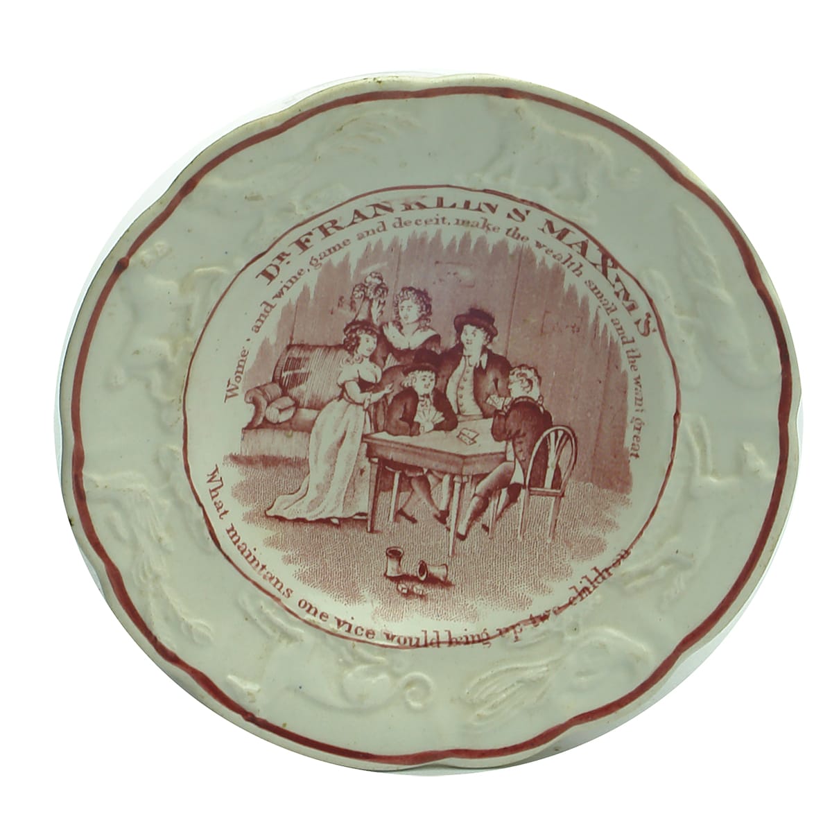 Pottery. Victorian Child's Purple Monochrome Plate: Dr Franklin's Maxims.