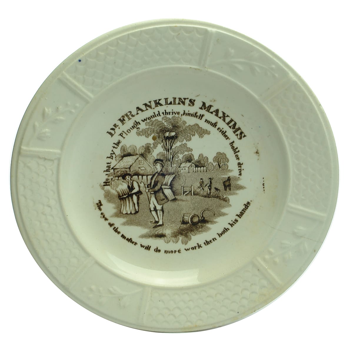 Pottery. Victorian Child's Sepia Monochrome Plate: Dr Franklin's Maxims.