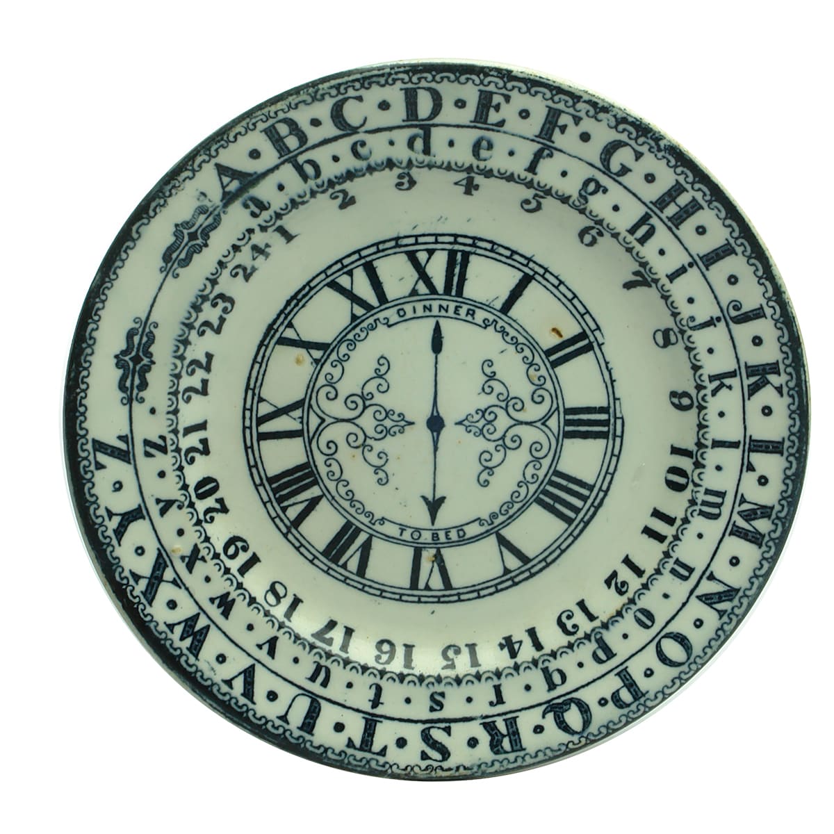 Pottery. Victorian Child's Blue/Black Monochrome Alphabet Plate: Clock Face.