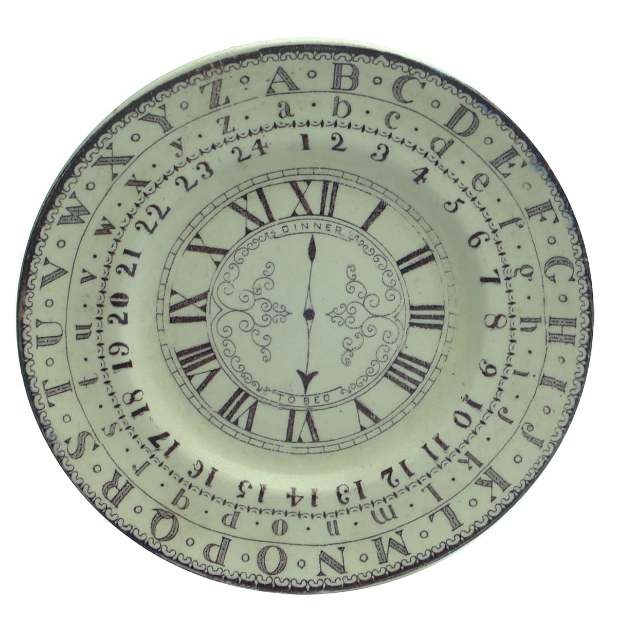 Pottery. Victorian Child's Purple Monochrome Alphabet Plate: Clock Face.