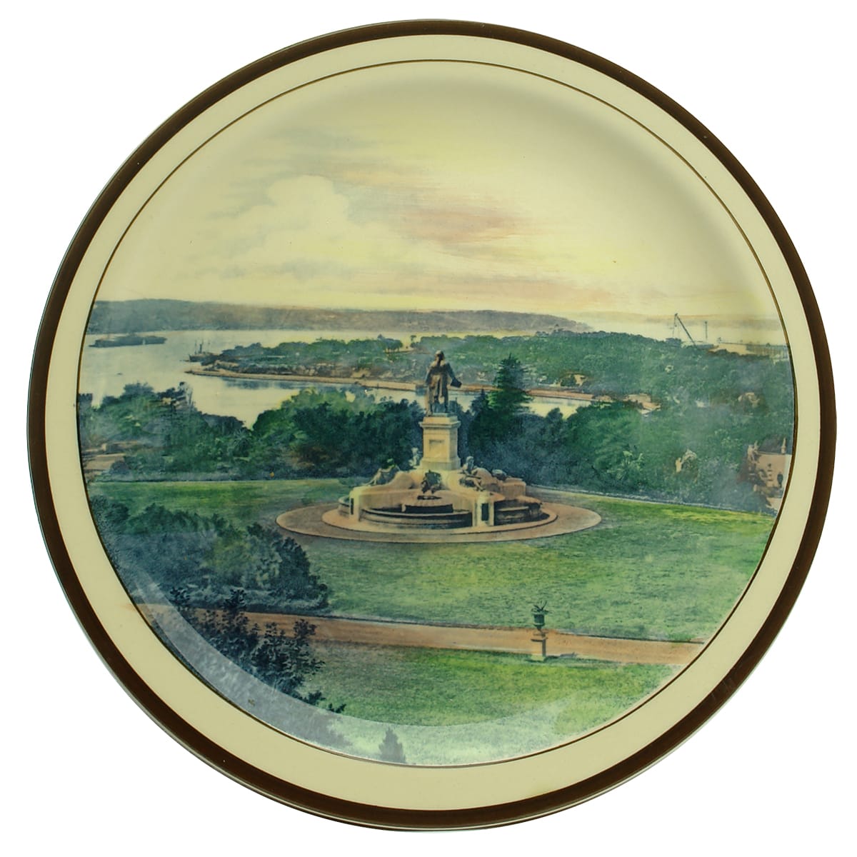 Pottery. Royal Doulton Cabinet Plate, Governor Phillips Statue, Royal Botanic Gardens, Sydney.