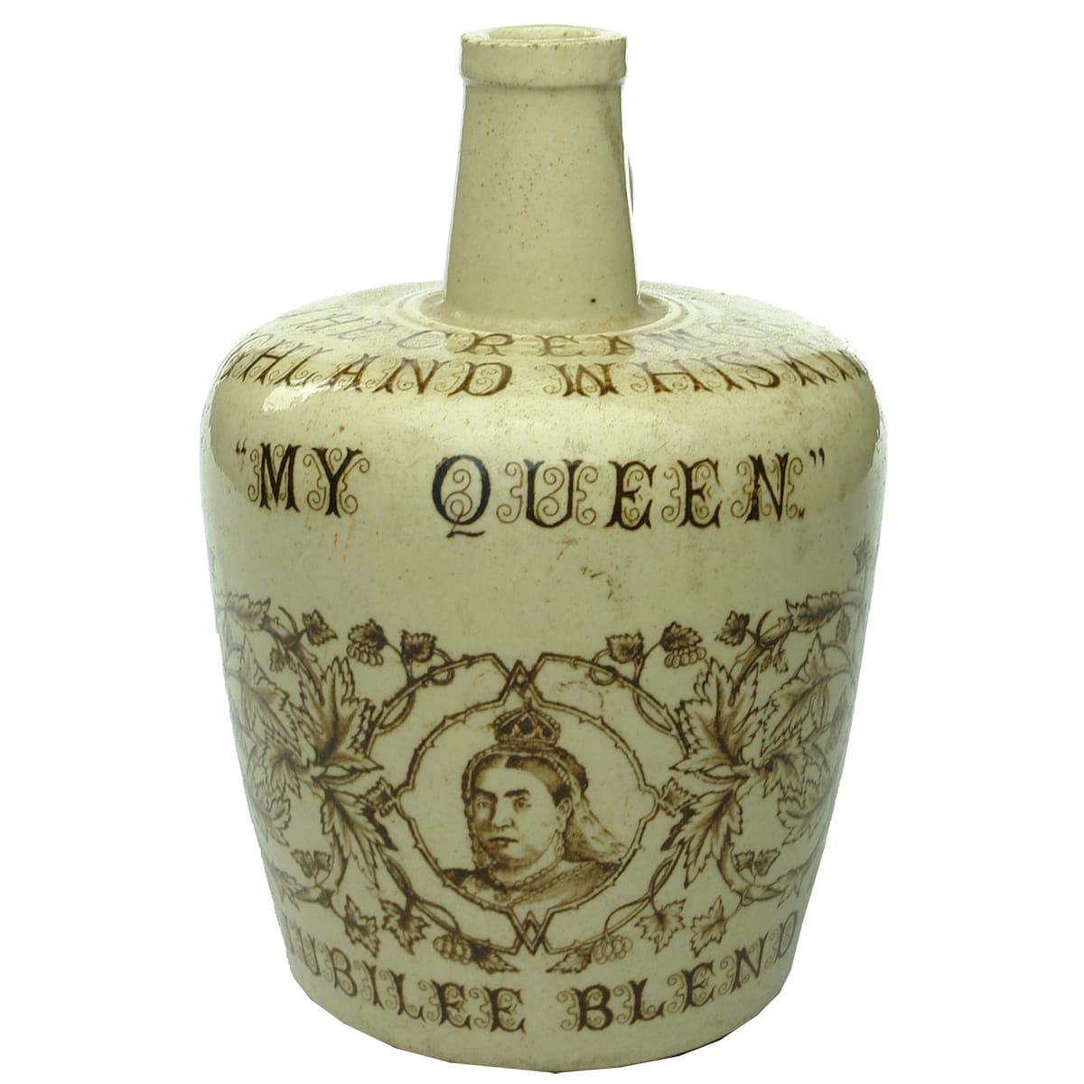 Whisky Jug. My Queen. Jubilee Blend. Thom & Cameron, Glasgow. All White with Sepia Print.