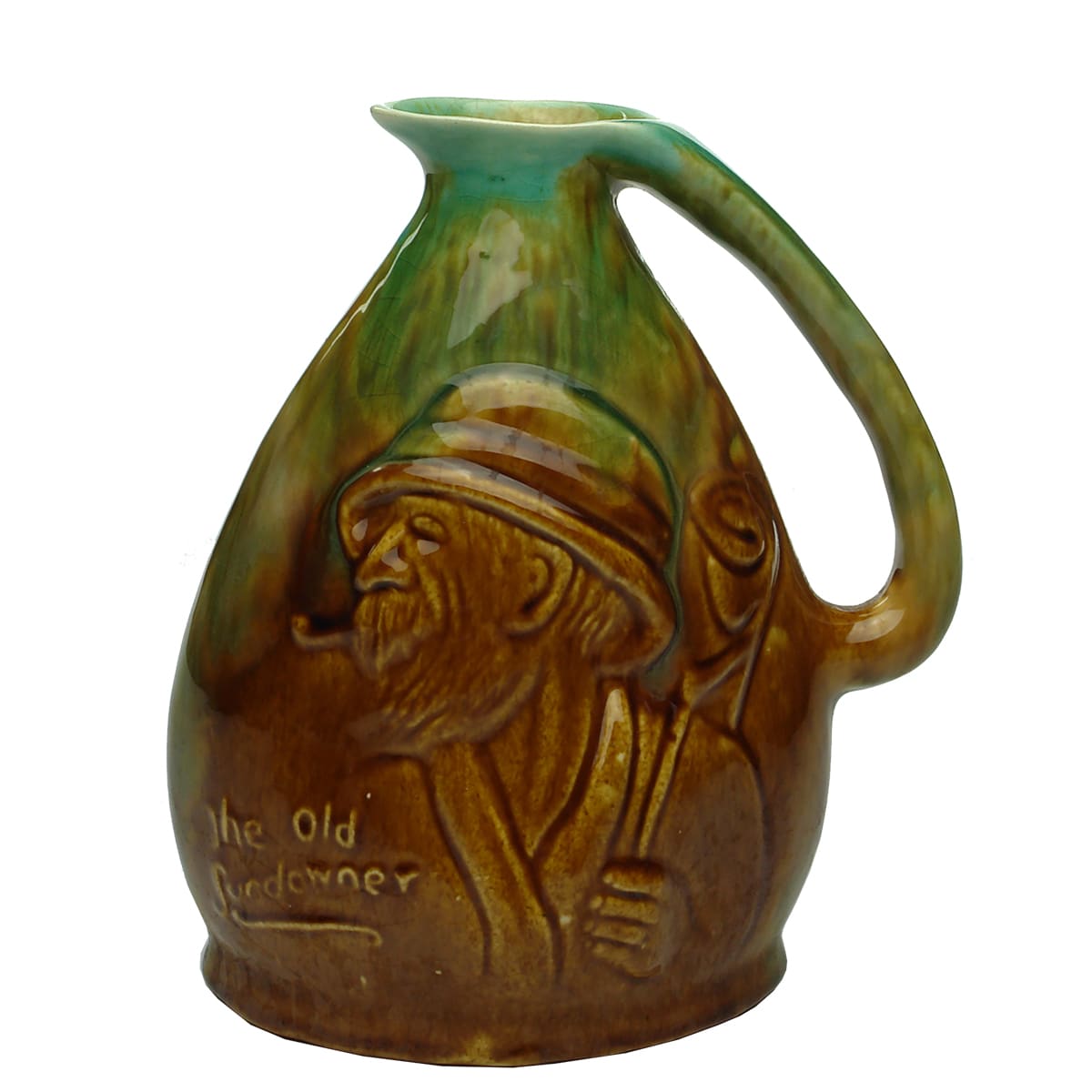 Jug or Carafe. The Old Sundowner. Majolica. Unstamped Hoffman Pottery.