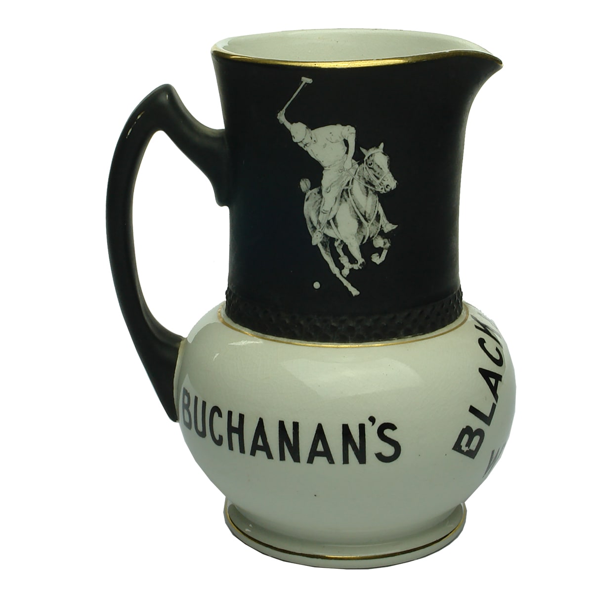 Whisky. Buchanan's Black & White Whisky Jug with Polo Player. Frank Beardmore, Fenton. (United Kingdom)