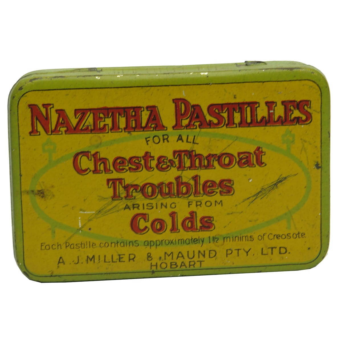 Chemist Tin: Nazetha Pastilles. A. J. Miller & Maund, Hobart. (Tasmania)