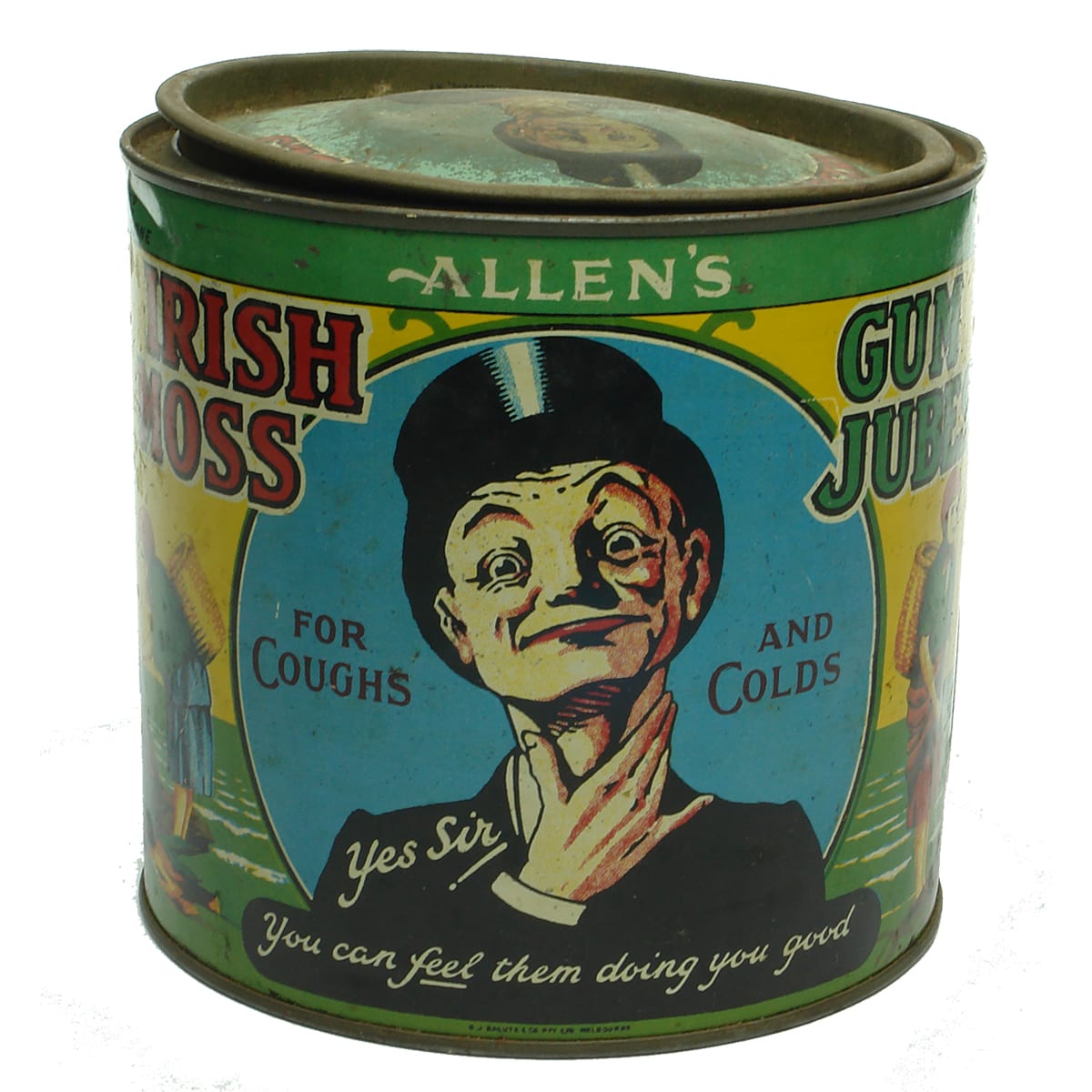 Tin. Allen's Irish Moss Gum Jubes. Multi-coloured. Original Lid. (Melbourne, Victoria)