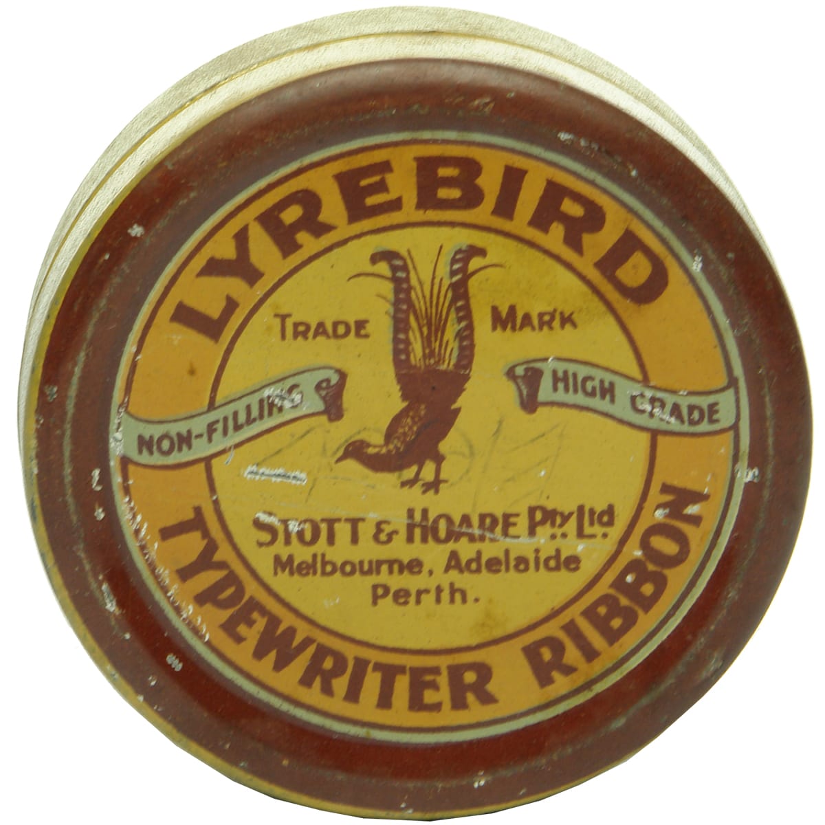 Tin. Lyrebird Typewriter Ribbon. Stott & Hoare, Melbourne, Adelaide & Perth.