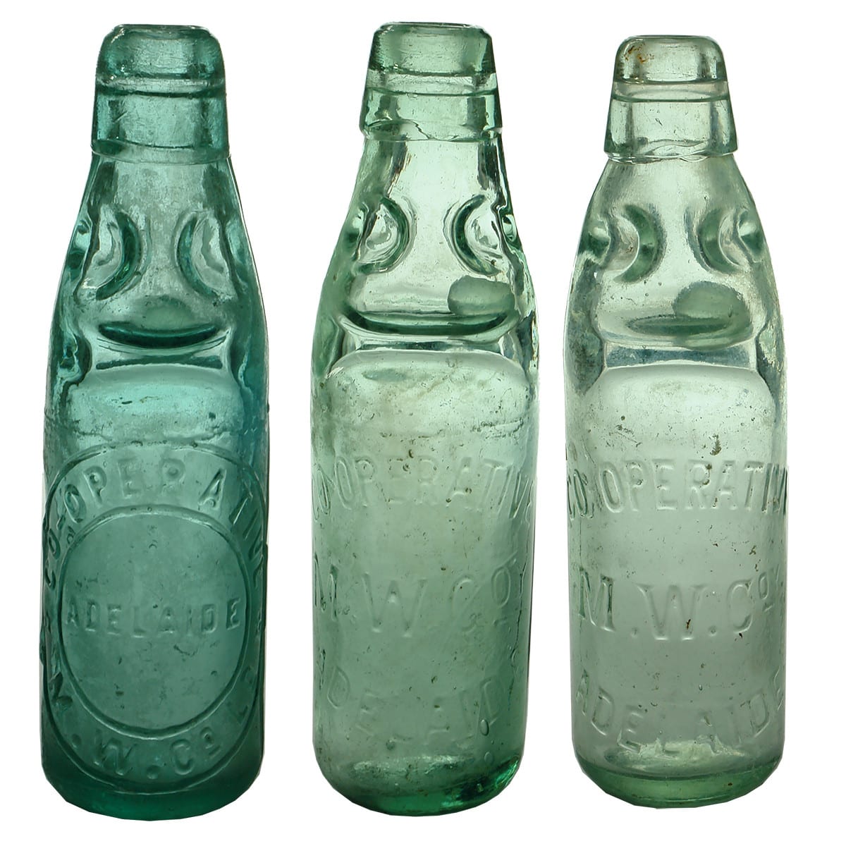 Three Co-operative Mineral Water Co., Adelaide Codds. All different base marks. (South Australia)