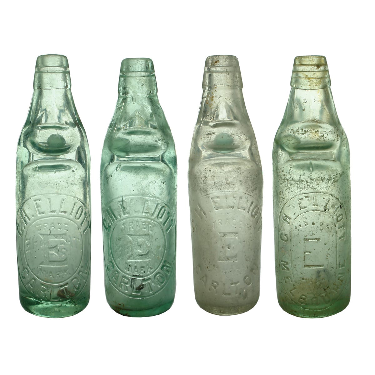 Four different G. H. Elliott, Carlton/Melbourne 10 oz Hills Patent type Codds. (Victoria)