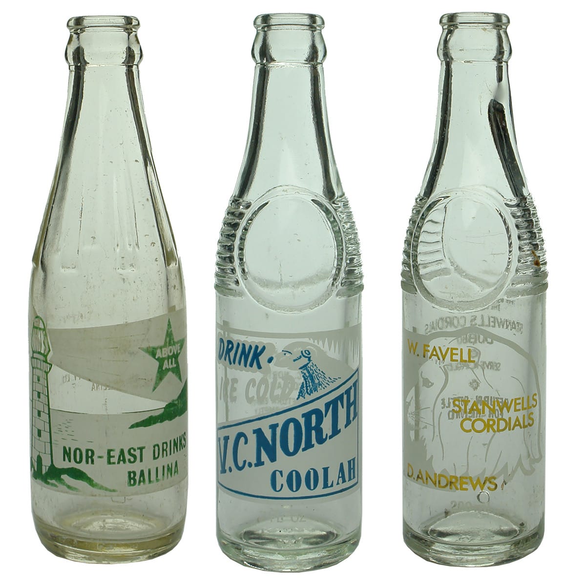 Three small Ceramic Label Crown Seals: Nor-East Drinks, Ballina; North, Coolah; Favell & Andrews, Dubbo. (New South Wales)