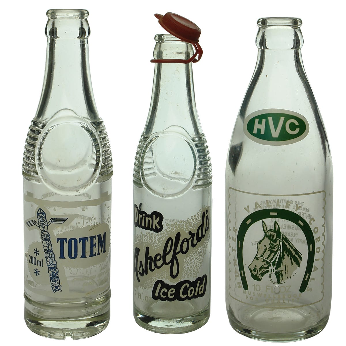 Three Ceramic Label Crown Seals. HCP Healesville; Ashelford's, Bathurst and Hunter Valley Cordials. (Victoria & New South Wales)