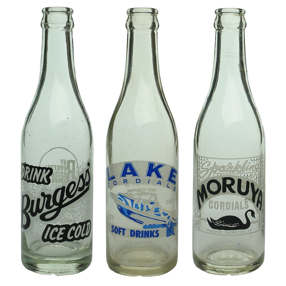 Three Ceramic Label Crown Seals: Burgess, Cobar; Lake Cordials, Lake Cargellico; Moruya Cordials. (New South Wales)