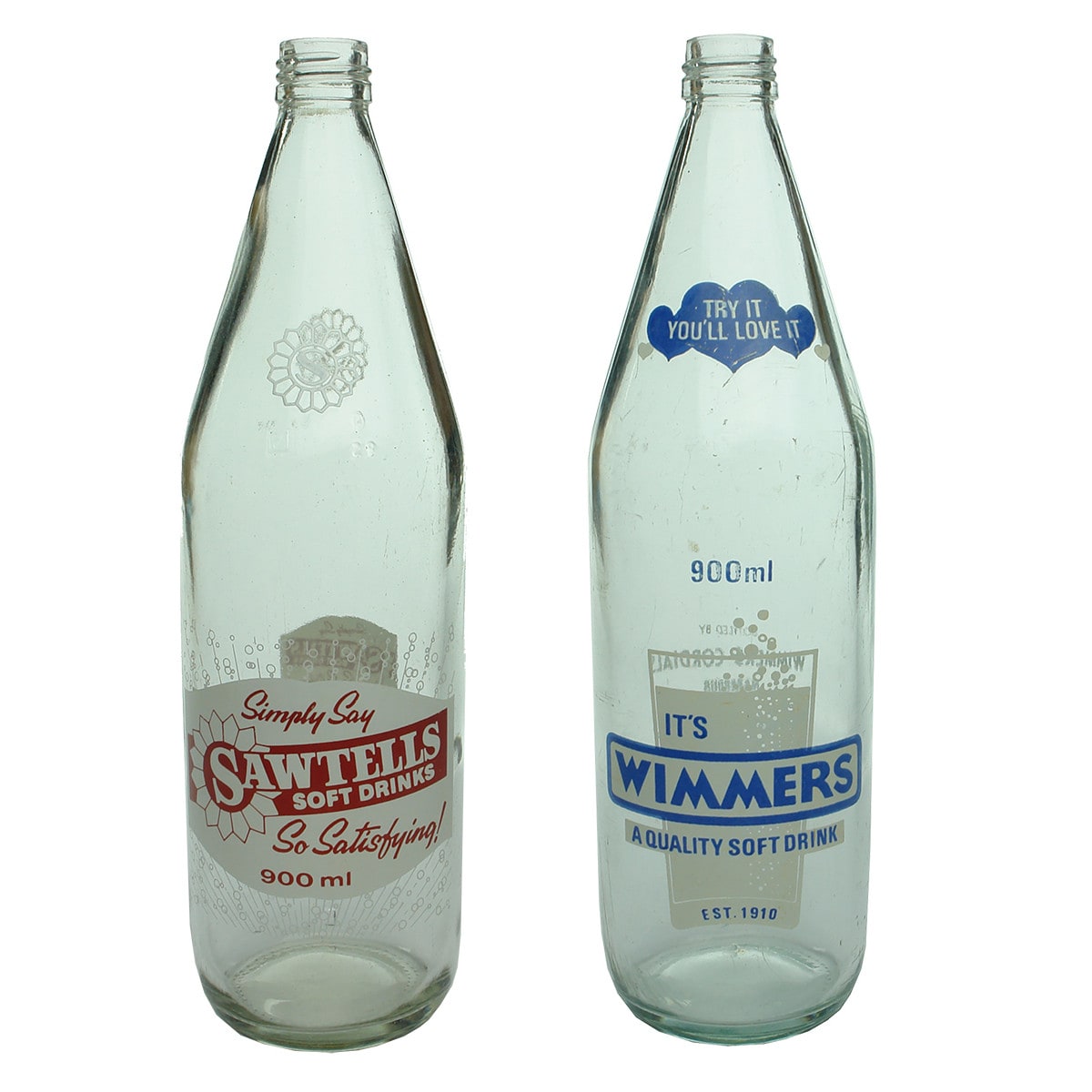 Two Screw top Ceramic Labels. Sawtells Soft Drink Kingaroy and Wimmers Cordials Nambour. 900 ml.  (Queensland)