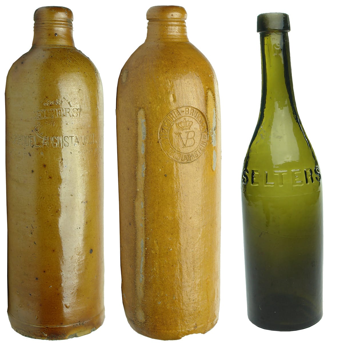 Three Selters type Mineral Waters Stoneware & Glass: Sprudel Augusta; Victoria-Brunnen and a glass Selters bottle.