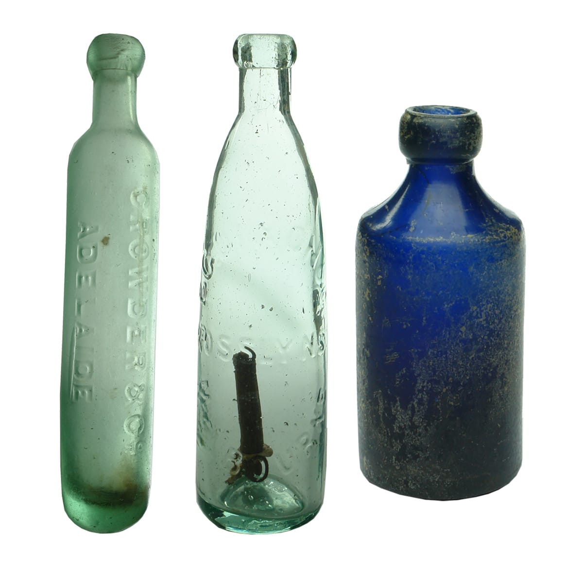 Three Aerated Waters: Crowder & Co., Adelaide Maugham; Dixon & Co., Melbourne Stick Bottle; Plain Cobalt Blue Dump Soda.